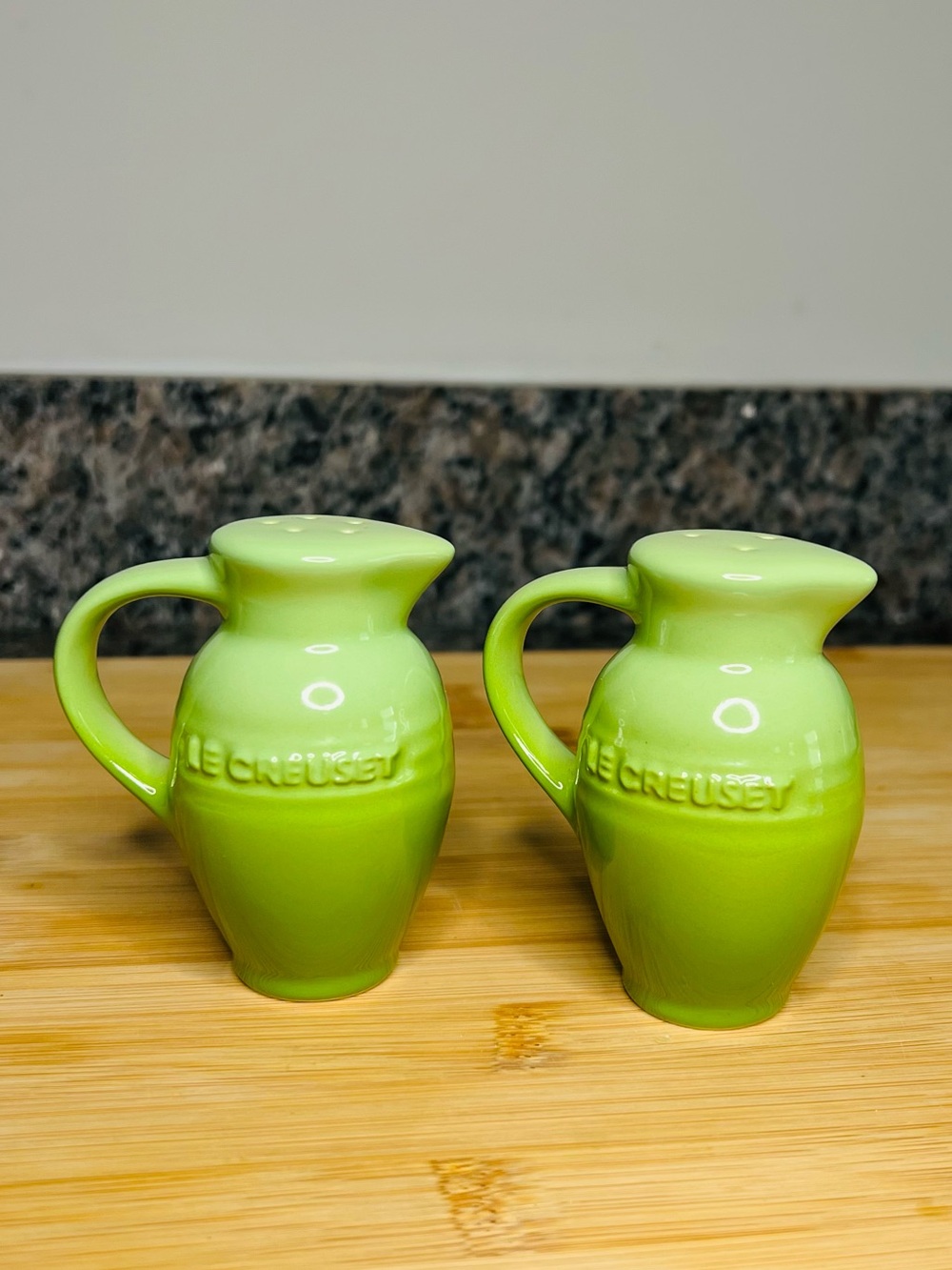 Le Creuset Salt & Pepper Shakers Green Farmhouse Pitcher Jug Style 3”